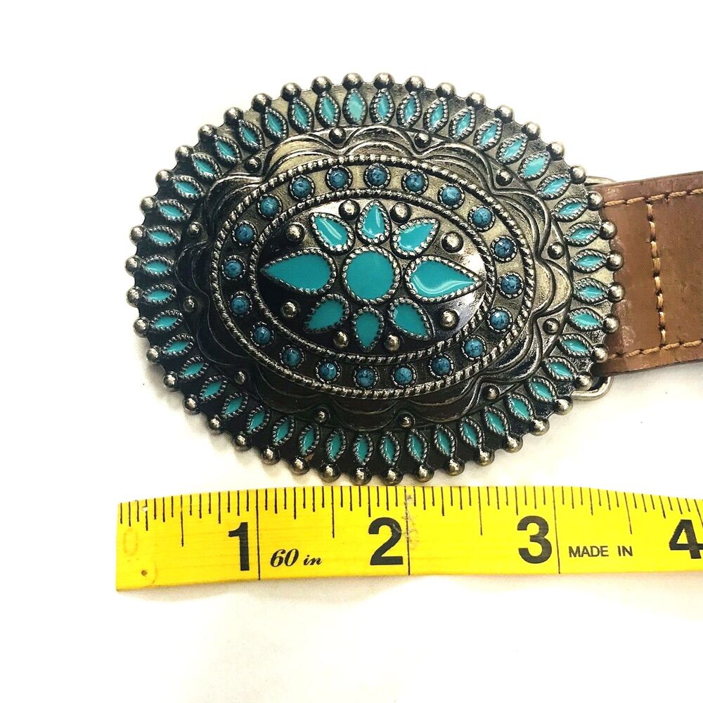 Faux Turquoise Buckle Leather Belt S M Women Concho Silver Brown Western 26-32 - Picture 7 of 14